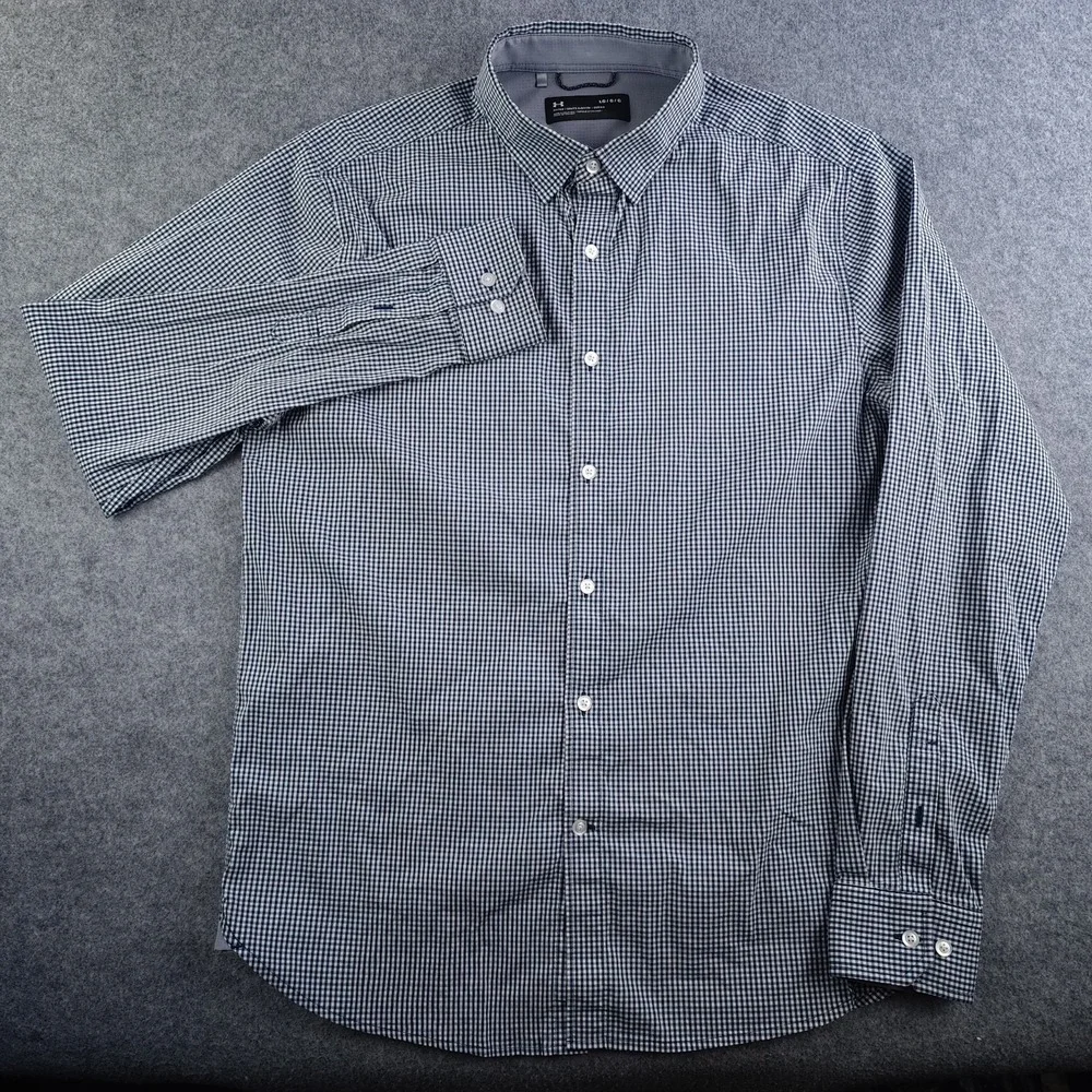 Under Armour Shirt Mens Large Blue Check Button Up Long Sleeve Performance